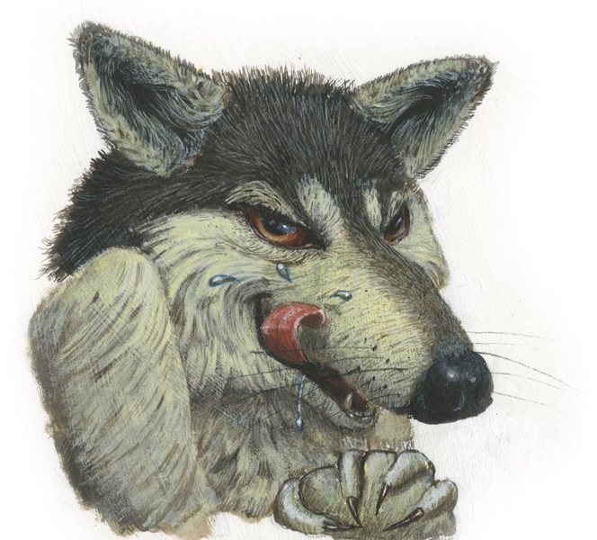 Art:  ‘MR. B. B. WOLF – DEFINITELY A STRANGER’ (The Big Bad Wolf from the Three Little Pigs fairytale.)  Original painting by children’s book illustrator Jim Harris.